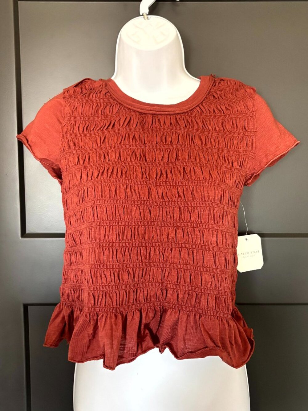 Rust Textured Short Sleeve Top Boho Casual Lightweight